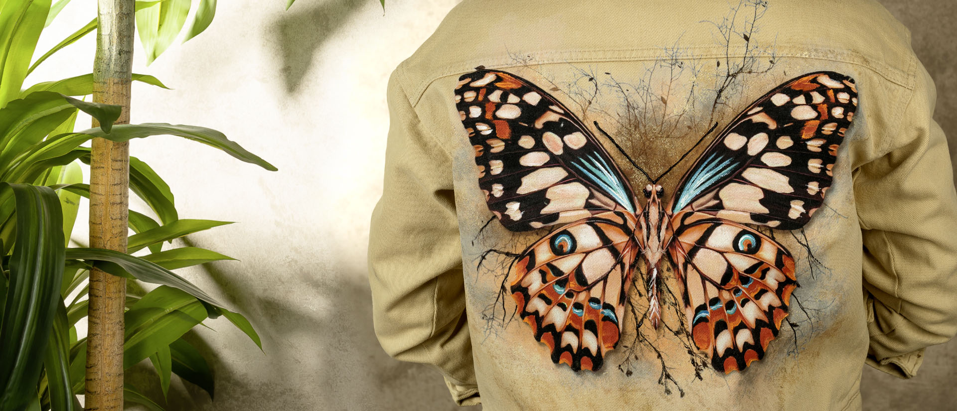 butterfly effect beige handmade painted jean jacket top