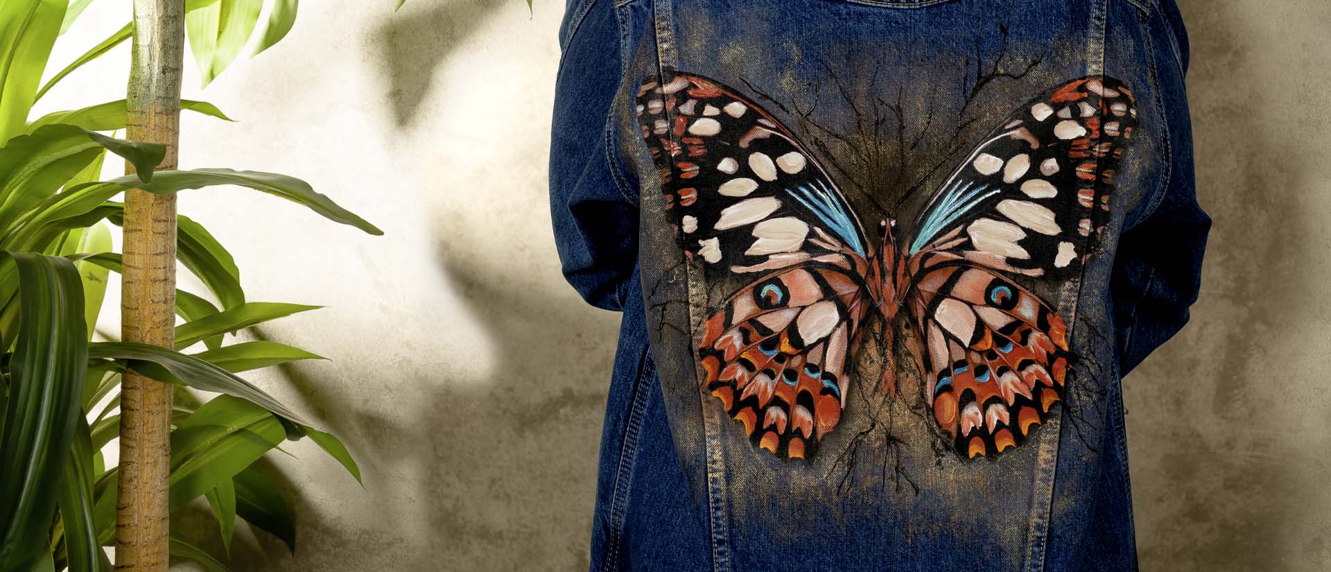 butterfly effect dark blue handmade painted jean jacket top