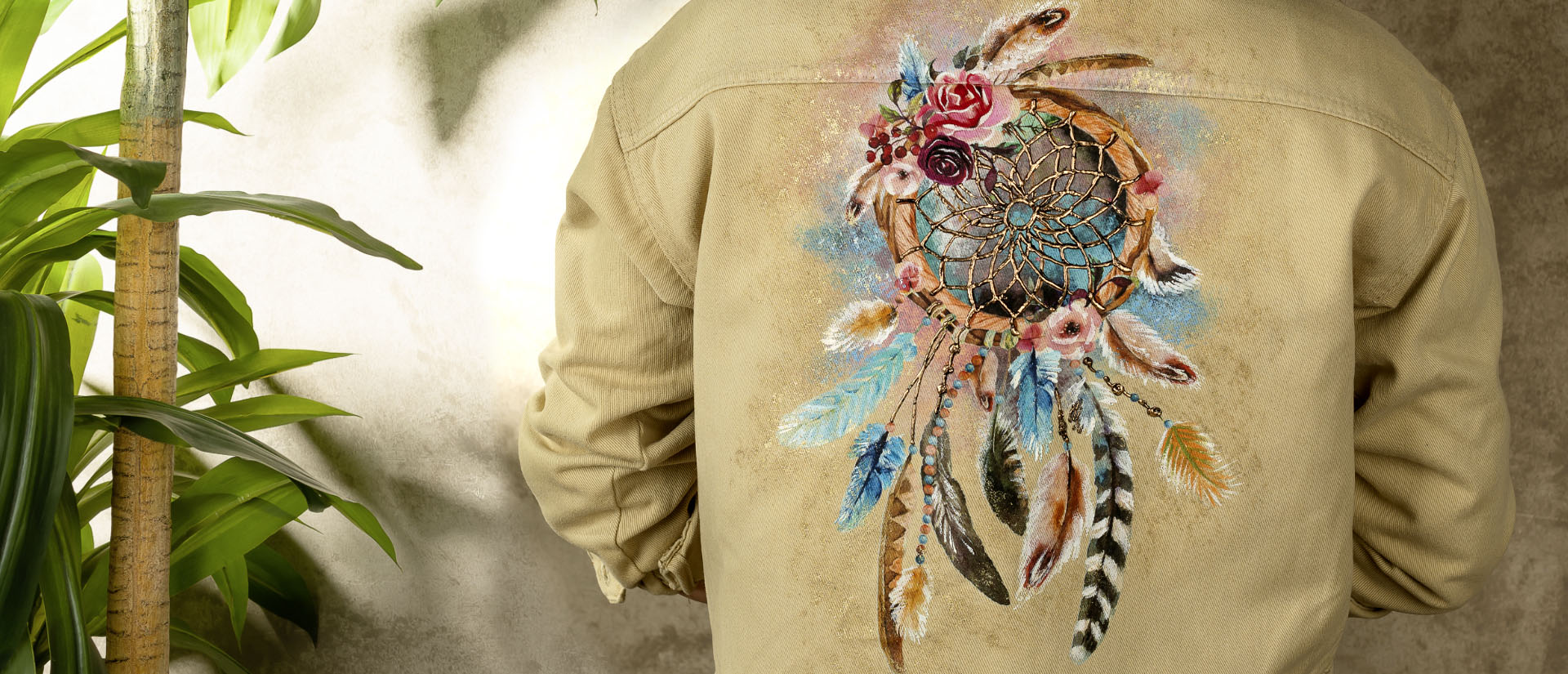 magical dreamcatcher beige handmade painted jean jacket top