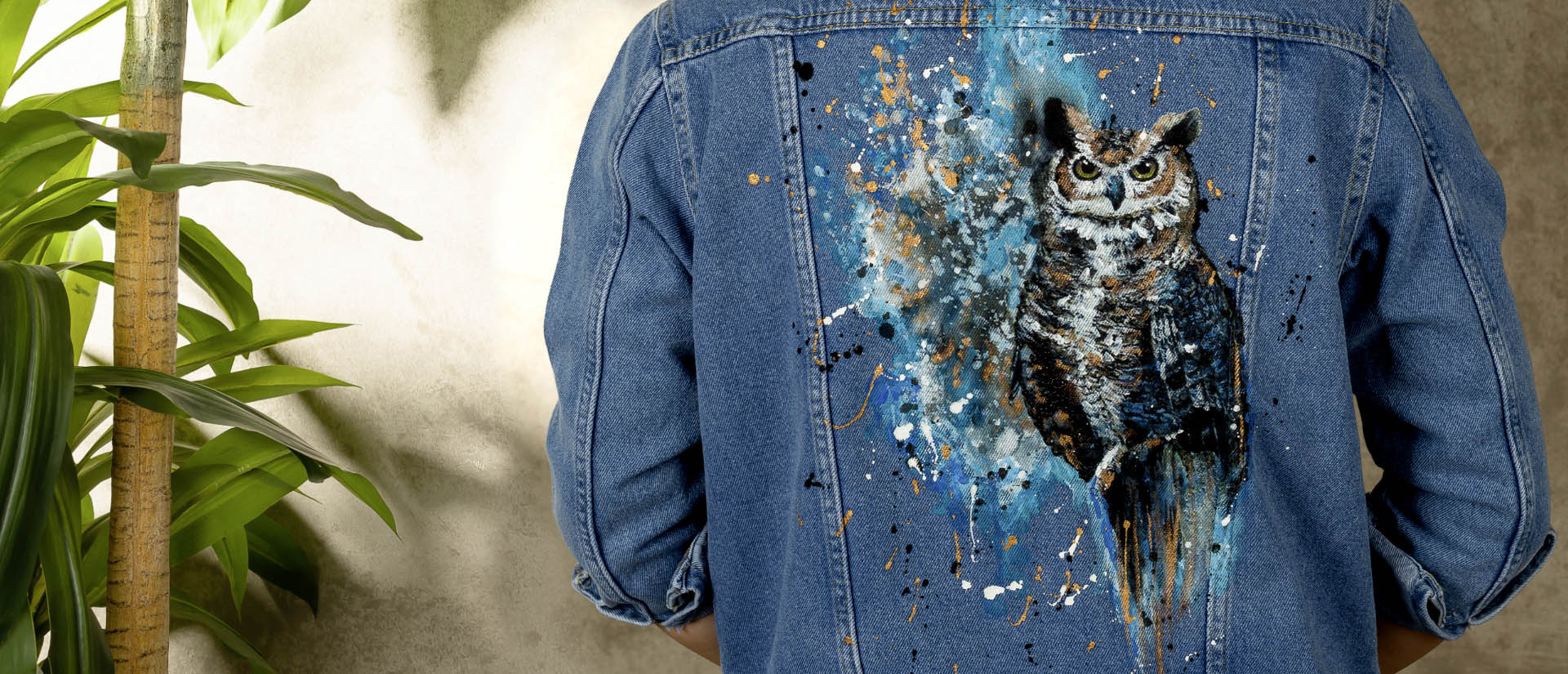 silent owl blue handmade painted jean jacket top