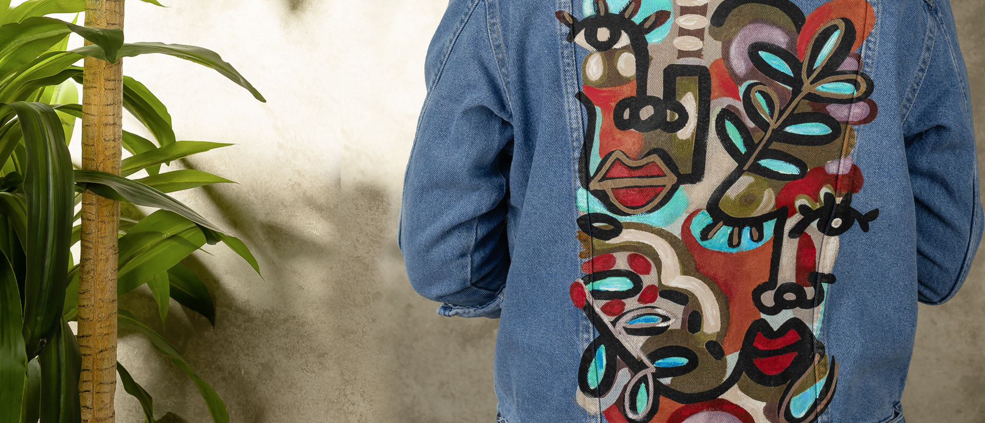 various faces blue handmade painted jean jacket top